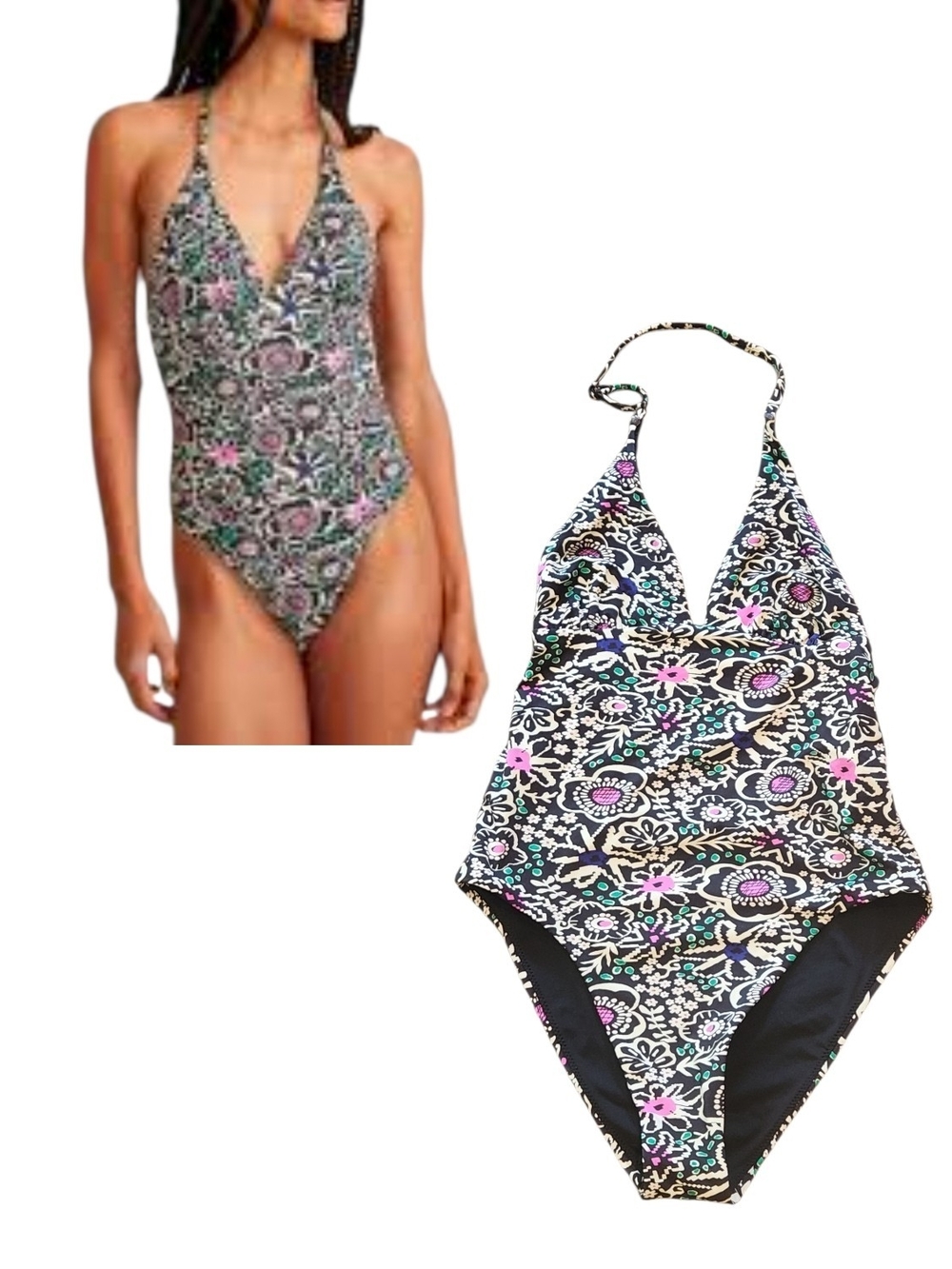 NEW Marine Layer Plunge Deep V Neck Halter Floral One Piece Swimsuit Medium